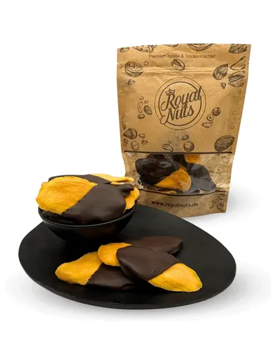 Getrocknete Mango mit Zartbitterschokolade - 1000 g - Royalnuts - Genießen Sie die perfekte Kombination aus süßer getrockneter Mango und zartbitterer Schokolade. Ideal als Snack für zwischendurch oder zum Teilen. Hochwertige Zutaten für unvergesslichen Genuss.