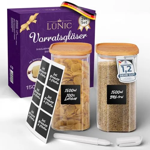 LÜNIC Vorratsgläser mit Bambusdeckel – Vorratsbehälter Glasbehälter Vorratsdosen Aufbewahrungsgläser eckig, luftdicht, stapelbar (2er Set - 1500 ml)