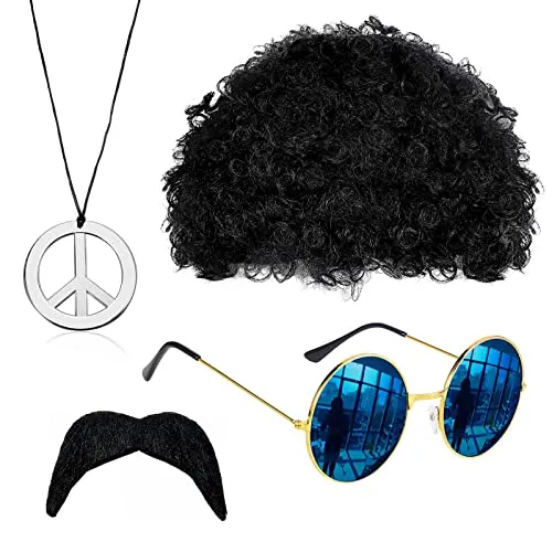 VIKSAUN Hippie Kostüm Set, Mode Afro Perücke, Sonnenbrille, Frieden Zeichen Halskette, Schnauzbart, 60er 70er Jahre Stil für Herren & Damen Fasching Karneval oder auf Festivals Thema Party (4 Psc)