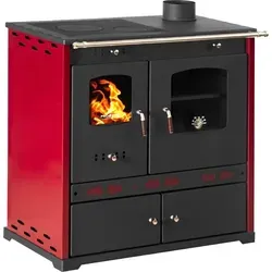 Kaminofen Perfect Eco Lux Rot mit Backfach und Herdplatte von Prometey