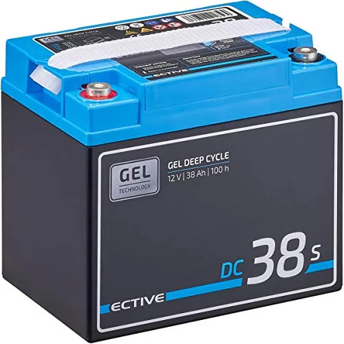 ECTIVE Deep Cycle Blei Gel Batterie 12V 38Ah mit Display - Batterie für Wohnmobile und Camper, wartungsfrei und ideal für Solar-Anwendungen mit 950 Zyklen bei 50% DOD.
