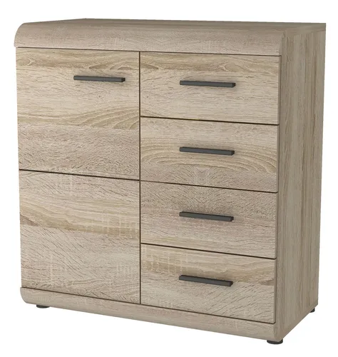 Moderne Sideboard Kommode 80 cm Eiche Sonoma - Stylische Kommode mit 4 Schubladen, ideal für Wohnzimmer oder Flur. Praktisches Design mit Einlegeboden und Tür, bietet viel Stauraum bei kompakten Maßen.