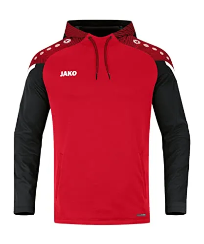 JAKO Kapuzensweat Performance Hoodie rot/schwarz Herren - Nachhaltiger Hoodie aus 100% recyceltem Polyester mit weicher Fleece-Innenseite und stylischen Jacquard-Elementen. Ideal für Sport und Freizeit.