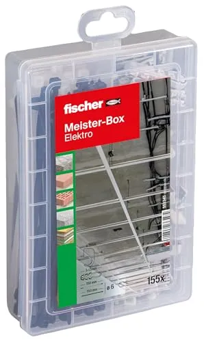 fischer Meister-Box Elektro, 155-teiliges Set bestehend aus Kabelbindern, Leitungsschlaufen und Nagelschellen, für Befestigungen von Kabeln, Leitungen und leichten Rohren, für Heimwerker und Profis