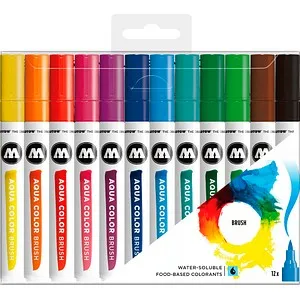 Molotow Aquarellstifte Aqua Color Brush Basic Set 1 - 12 Stück - Schreibutensilien mit elastischer Pinselspitze für variable Strichbreiten. Wasserbasiert, schnelltrocknend und ideal für Bullet Journals, Illustrationen und Comics.