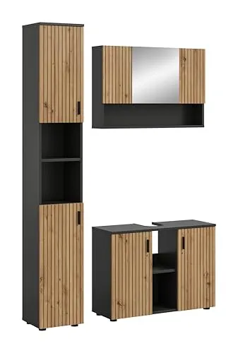 xonox.home Badmöbel-Kombination Mone 125x192x30 cm - Elegantes 3-tlg. Badmöbel-Set in Basalt und Artisan Oak Nachbildung, ideal für platzsparende Organisation im Badezimmer mit pflegeleichten Oberflächen.