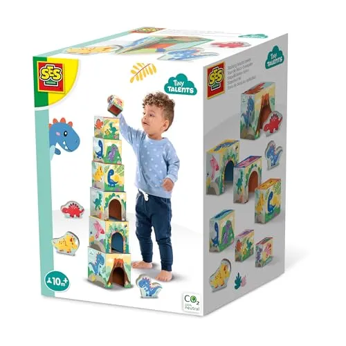 SES Creative 13202 Stapelwürfel Set mit Dino-Figuren, Lernspielzeug für Kleinkinder, Diverse Farben