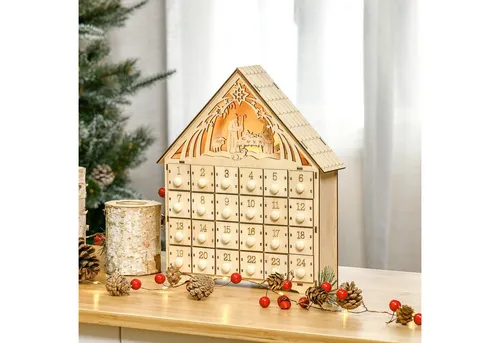 HOMCOM Adventskalender mit LED-Lichtern - Adventskalender mit 24 Schubladen zum Befüllen, ideal für die festliche Dekoration und tägliche Überraschungen. Inklusive LED-Beleuchtung für eine stimmungsvolle Atmosphäre.