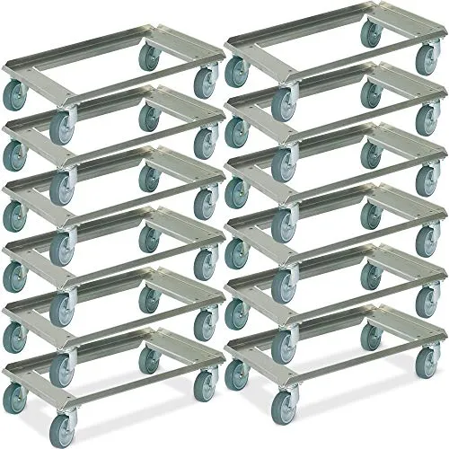 BRB 12x Alu-Transportroller für Eurobehälter 600x400 mm - Robuste Rollwagen aus Aluminium mit einer Tragkraft von 250 kg, ideal für den Transport von Eurobehältern und Kisten. Ausgestattet mit kugelagernden Gummirädern für leises und spurloses Fahren.