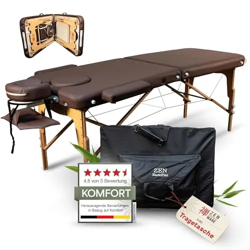 Zen Basic III Flat Massageliege klappbar & Mobile Massagetisch aus Holz, stabile Massagebett - Massagebank höhenverstelbar, Kosmetikliege - Behandlungsliege mit Kopfteil, Armstütze & Tasche (Braun)