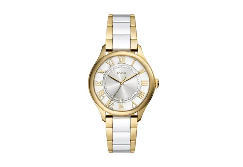 FOSSIL Damen Analog Quarz Uhr CE1131 - Elegante Armbanduhr mit kratzfestem Mineralglas und goldfarbenem Keramikarmband, individuell anpassbar. Wasserdicht bis 50 m, ideal für Freizeitaktivitäten.