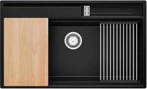 PRIMAGRAN Spülbecken Schwarz 88x53cm - Oslo Pocket S289 - 1-Becken Granitspüle ab 90cm Unterschrank, widerstandsfähig gegen Kratzer und Stöße, ideal für große Mengen Geschirr mit multifunktionaler Arbeitsstation.