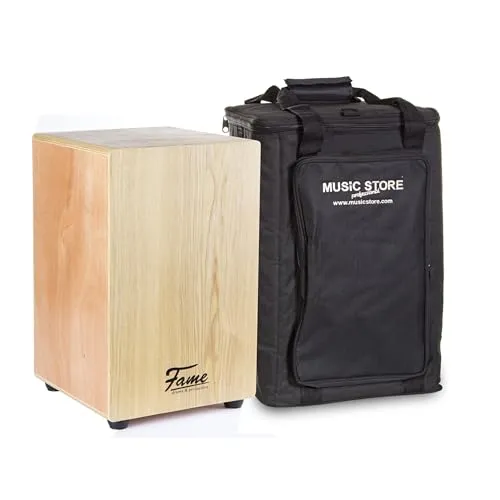 Fame Cajon-Set: Beginner Cajon mit Tasche und Stimmschlüssel - Percussion-Instrument aus hochwertigem Eschenholz für warmen Klang. Inklusive Tasche für sicheren Transport und Gitarrensaiten-Snare-System für vielseitige Sounds.
