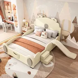 Flieks Kinderbett 140x200cm mit Rutsche und Rausfallschutz - Betten für Kinder, mit integrierter Rutsche und Treppe für sicheren Zugang und Spielspaß, aus hochwertigem MDF und Kunstleder für Stabilität und einfache Reinigung.