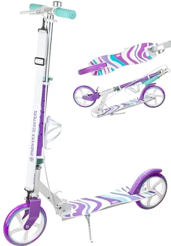 RAVEN Scooter Roller Tretroller Kickscooter für Kinder Erwachsene |klappbar | höhenverstellbar | Tragegurt | Klingel | Flaschenhalter (Zea White/Violet mit Handbremse, 200mm)