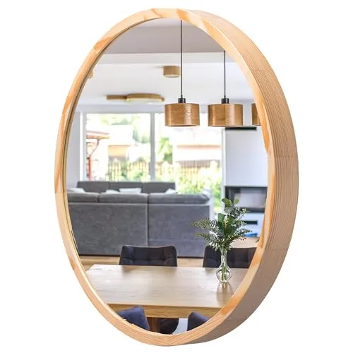 STOLARNIA PIKA Spiegel Rund Holz Naturkiefer - Wandspiegel mit Holzrahmen (∅47 cm) - Runder Bad Spiegel für Badezimmer, Flur, Wohnzimmer, Schlafzimmer - Stilvoller 50 cm Badspiegel LEJA