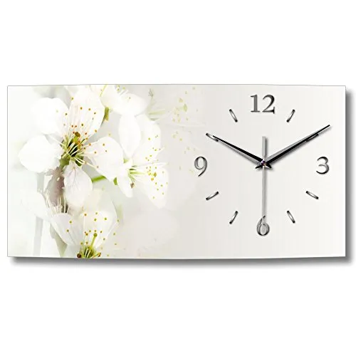 Kreative Feder Designer-Wanduhr Weiße Blüte Natur leise Wanduhr Quarzuhr in modernem Design ohne Ticken (WA154, 50x25cm leises Quarzuhrwerk)