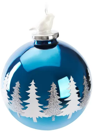 BRUBAKER Weihnachtsbaumkugel Premium Weihnachtskugel Blau mit weißen Tannenbäumen und Vogel Figur (1 St), 10 cm Baumkugel aus Glas - Weihnachtsbaumkugel Schneebedeckter Wald