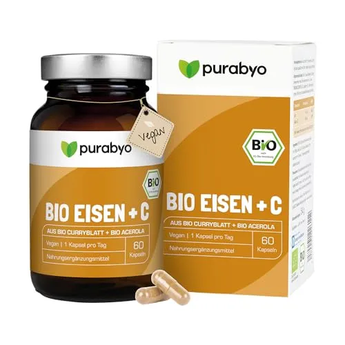 Purabyo Eisen plus C Kapseln 60 St. - Mineralstoffe mit 100% Tagesbedarf an pflanzlichem Eisen und 50% Vitamin C aus Acerolakirsche für optimale Eisenaufnahme. Vegan, glutenfrei und in umweltfreundlicher Verpackung.