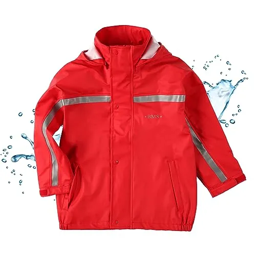 BMS Buddeljacke, Kinder Regenjacke rot mit abnehmbarer Kapuze - Funktionsjacke für Kinder, 100% wasserdicht und besonders weich, ideal für Kindergarten und Schmuddelwetter. Mit reflektierenden Streifen für erhöhte Sicherheit.