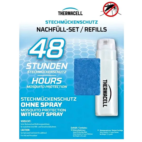 Thermacell Nachfüllpack Mückenabwehr - 12 Plättchen + 4 Gaskartuschen - Zuverlässige Mückenabwehr für bis zu 48 Stunden im Freien. Ideal für Garten, Terrasse und Camping – einfache Anwendung für ungestörte Stunden im Freien.