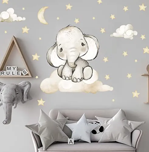 WANDKIND Elefant auf der Wolke Wandtattoo V337 | Handgezeichnete Wandsticker für Kinderzimmer - Kreatives Wandtattoo mit Elefant und Wolken, ideal für das Kinderzimmer. Hergestellt in Deutschland aus ungiftigen Materialien, einfach anzubringen und zu entfernen. Perfekt für eine kindgerechte Gestaltung!