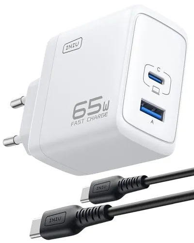 INIU 65W USB C Ladegerät, 2-Port [USB-C + USB-A] Mehrfach Netzteil, GaN II Schnellladegerät Steacker, USB C Power Adapter für MacBook iPad Pro/Air, iPhone 16 15 14 Pro Max, Galaxy S24, Google, usw