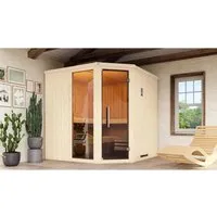 Weka Elementsauna Varberg Trend 3 Weiß Sparset 9 kW - Massivholzsauna mit platzsparendem Eckeinstieg und einfacher Montage. Genießen Sie Wellness mit hochwertiger Ausstattung und eleganter Graphit-Optik.