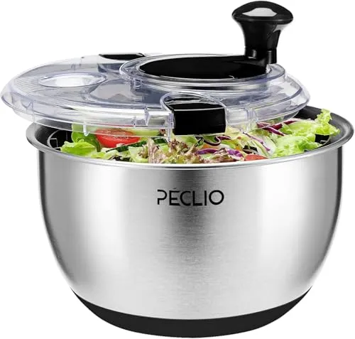 Peclio Groß 4,5L Salatschleuder Edelstahl 18/10 Hochwertige mit Transparentem Deckel, Rutschfestem Boden - Salad Spinner mit Kurbelantrieb - BPA-frei & Spülmaschinengeeignet, Schwarz