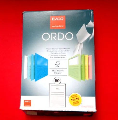 ELCO Sichtmappen 2948800 ORDO Classico - A4, 100 Stück, farbig sortiert, umweltfreundlicher RC-Karton mit Sichtfenster und individuell beschriftbar