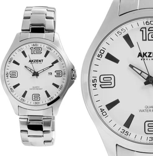 XL Herrennuhr Quarz Armbanduhr Weiss Silber IP Edelstahl Datum 2800061 AKZENT - Elegante Armbanduhr für Herren mit IP-beschichtetem Edelstahl, 30 m wasserdicht und modernem Design – perfekt für jeden Anlass.