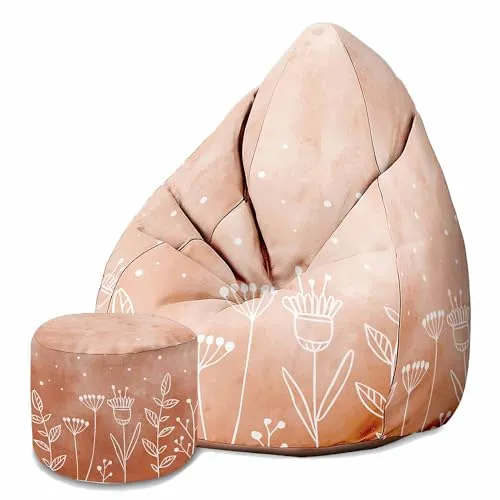 DreamRoots Sitzsack Erwachsene mit Füllung 80x80x120cm - Bean Bag Chair - Sitzsäcke mit Lehne und Hocker und Bezug - Sitzsack Sessel - Chill Sessel Velvet Pink Flowers