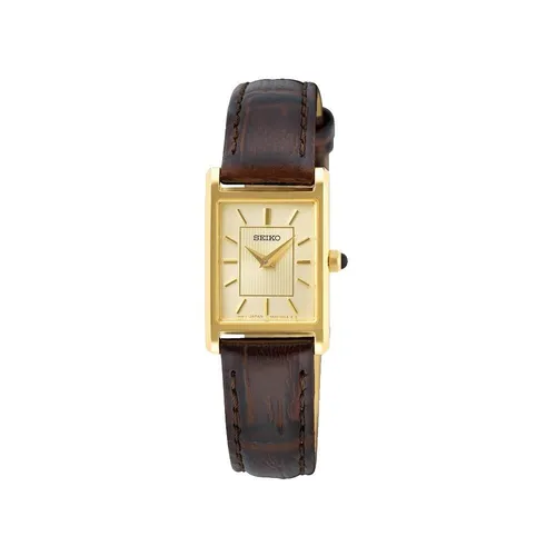 Seiko Damen-Uhr Quarz Edelstahl mit Lederband SWR066P1 - Elegante Armbanduhr für Damen mit goldbeschichtetem Edelstahlgehäuse, kratzfestem Hardlexglas und hochwertigem Lederarmband für hohen Tragekomfort. Wasserdicht bis 30 Meter.