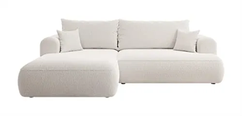 Selsey Eck-Schlafsofa Ovo L-Form Creme - Bequem und stilvoll - Sofas: Komfortables Ecksofa mit weichem Bouclé-Bezug, verwandelt sich schnell in ein Doppelbett (142 x 210 cm) und bietet optimalen Sitzkomfort durch Bonellfederkern.