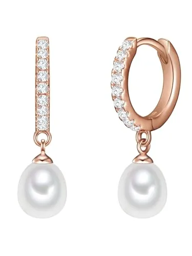 Valero Pearls Damen-Creolen - Rosévergoldete Ohrhänger mit Süßwasser-Zuchtperlen - Elegante Ohrringe aus 925er Sterlingsilber, veredelt mit Zirkonias und edlen Süßwasserperlen. Ein ideales Geschenk für Perlenschmuck-Liebhaberinnen.