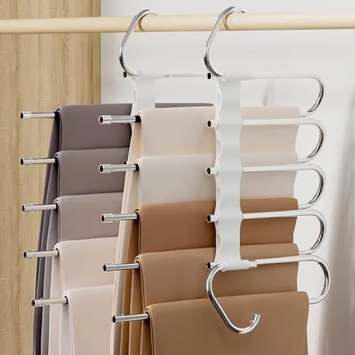 DAMITA Hosenbügel Kleiderbügel Hosen Platzsparend Weiß Kunststoff 2 Stück 5 in 1 Plastik Edelstahl Stabil Faltbare Keine Installation Erforderlich Schrank Organizer Schals Jeans Kleidung
