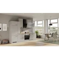 Flex-Well Exclusiv Küchenzeile Lund 310 cm - Küchenzeile in Lichtgrau glänzend-Rauchgrau, flexibel montierbar und inklusive hochwertiger Elektrogeräte für modernes Kochen.