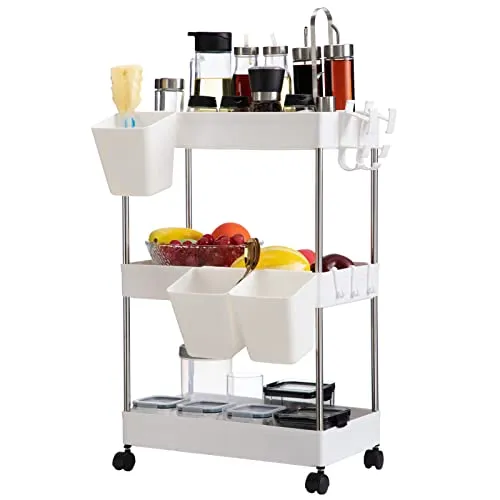 DOEWORKS Servierwagen mit Rollen Schmal Rollwagen 3 Ebenen Küchenwagen Aufbewahrungswagen mit 3 Hängebechern Mehrzweck Aufbewahrungsregal für Küche Badezimmer Schlafzimmer Büro, Weiß