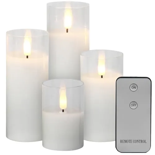 Lunartec LED Kerzen Wachs: 4er-Set LED-Echtwachskerzen im Glas, mit Docht und Fernbedienung, weiß (Kerzen im Glas Sets, Kaminkerzen, Flammenlose)