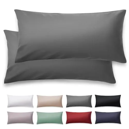 Blumtal Mako Satin Kissenbezug 40x60 Baumwolle Anthrazit - 2er Set Kissenbezüge aus 100% Baumwolle - edle Glanzoptik & Reißverschluss - Satin Kissenbezug für Kissen 40x60 Dekokissen & Sofakissen