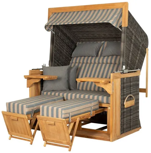 deVries PURE® Strandkorb Friesland Sylt XL - Teakholz & PE stone grey - Strandkorb aus robustem Teakholz mit bequemem Polster und stufenlos verstellbarem Oberkorb. Ideal für entspannte Stunden im Garten, inklusive Schutzhülle für optimale Wetterbeständigkeit.