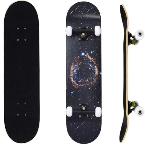 ERNAN Skateboard 31x8 Zoll Komplette für Kinder Jugendliche Erwachsene, komplettes Standard-Skateboards, 7 Schichten Ahorn-Deck, konkaves Skateboard (Nebulae)