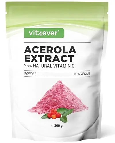 Acerola Pulver 300 g - Natürliches Vitamin C - Nahrungsergänzungsmittel mit 255 mg natürlichem Vitamin C pro Portion, perfekt für Smoothies, Joghurt und mehr. Vegan, glutenfrei und ohne Zusatzstoffe!