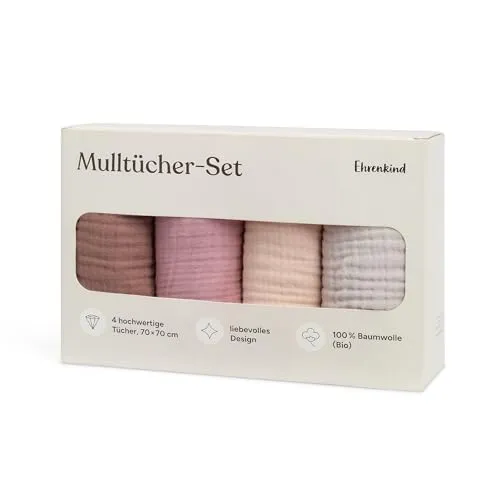 Ehrenkind Spucktuch Mulltücher-Set aus Bio-Baumwolle - Stilltücher aus saugfähiger Musselin, 4er Set mit vielseitigen Einsatzmöglichkeiten, ideal als Stoffwindeleinlage oder Spucktuch für Ihr Baby.