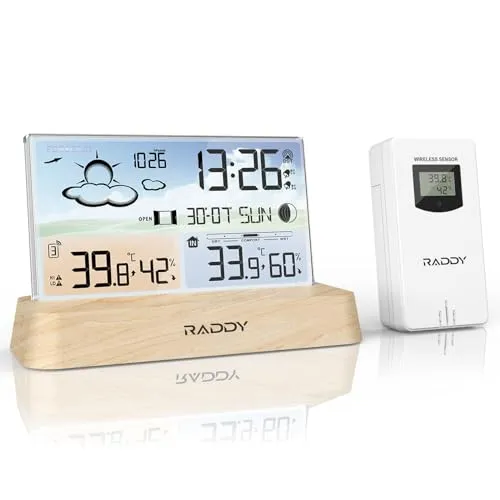 Raddy DT6 Wetterstation Indoor Outdoor, DCF Funkuhr, Digitales Farbdisplay Indoor und Outdoor Thermometer Hygrometer, Heim-Wetterstation mit Wettervorhersage und Barometer