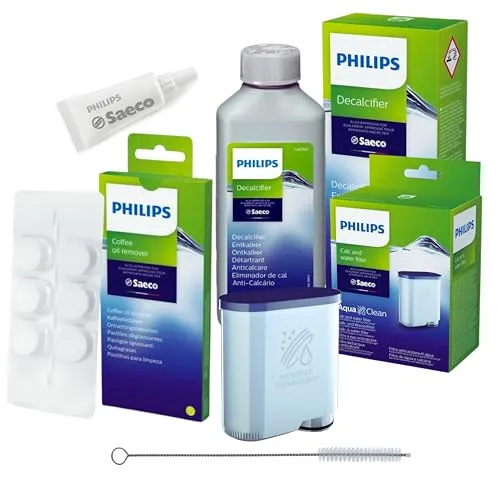 Philips AquaClean Rundum-Pflegeset für Kaffeevollautomaten (enthält Wasserfilter CA6903), Entkalker 250 ml, Schmierfett HD5061, Kaffeefettlöser CA6704/10 (6 Tabletten), Reinigungsbürste Seltino