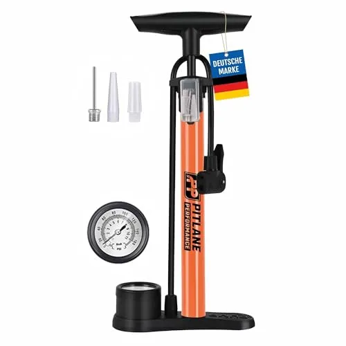 Pitlane Performance® Fahrradpumpe mit Manometer, Standluftpumpe 42 cm für alle Ventile (Schrader, Presta, Dunlop) Luftpumpe inkl. Ballnadel & Adapter, bis 11 Bar für Fahrrad, Ball, Luftmatratze