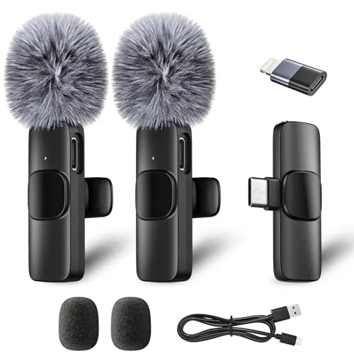 voijump Kabelloses Lavalier Mikrofon für iPhone/iPad/Android (2er-Pack), Mini Mic mit Lightning & USB-C, Geräuschunterdrückung, Plug-Play für Videoaufnahmen,Interviews,Podcasts,Vlog,Tiktok,YouTube