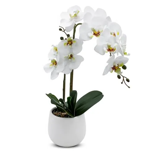 Spetebo Künstliche Real-Touch Orchidee im weißen Blumentopf - 50 cm - Deko Seidenorchidee mit Keramiktopf - Tischdeko Kunstpflanze Zimmerpflanze Topfpflanze Blume im Topf Blumendeko künstlich