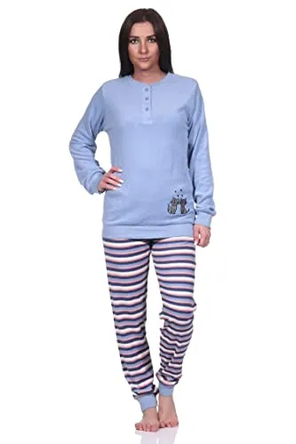 Normann Damen Frottee Pyjama mit Katzen-Motiv, hellblau, Größe 40-42 - Kuscheliger Damen Pyjama aus Frottee für kalte Nächte, mit süßem Katzen-Motiv. Bequeme Passform für entspanntes Schlafen und Relaxen. Maschinenwaschbar und pflegeleicht.